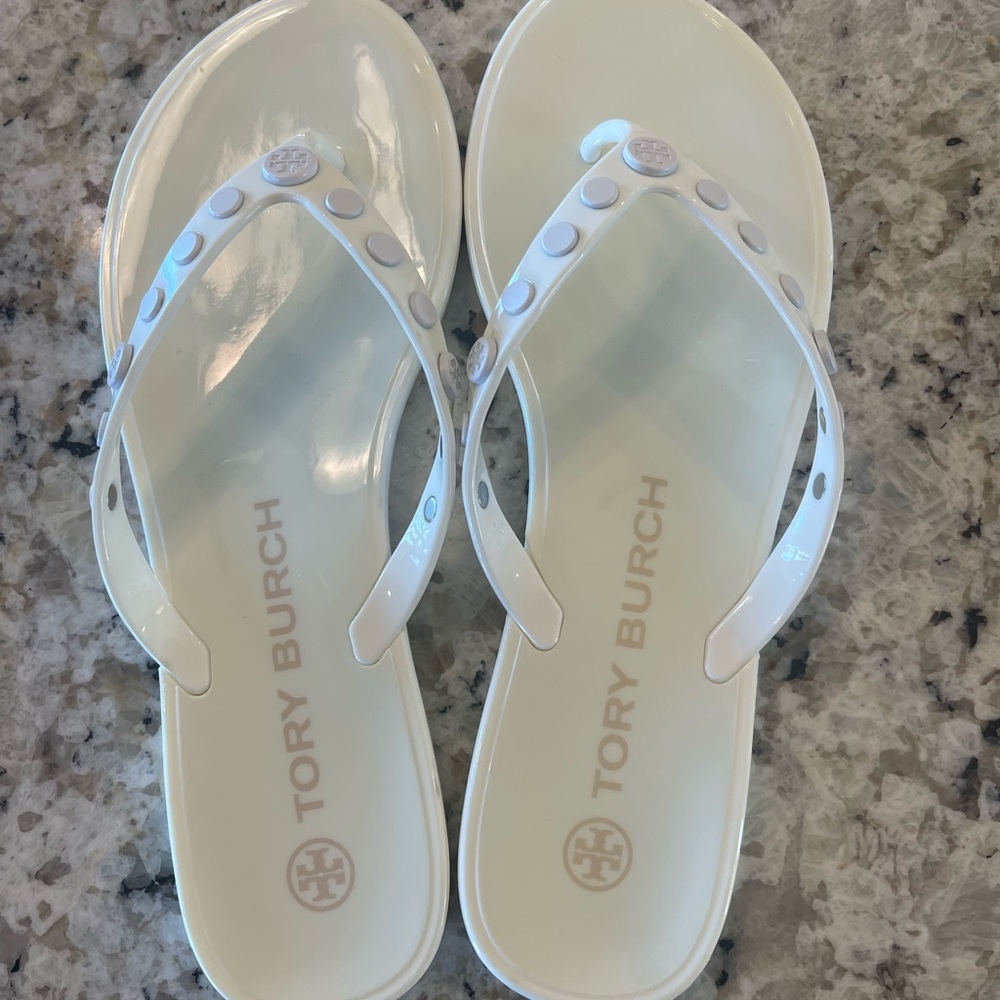 Tory Burch White Logo Jelly Thong Sandals